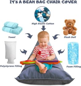 Stuffed Animal Storage Bean Bag Chair Cover For Kids And Parents - Cover ONLY,Washable Premium Canvas Stuffie Seat Grey Blue